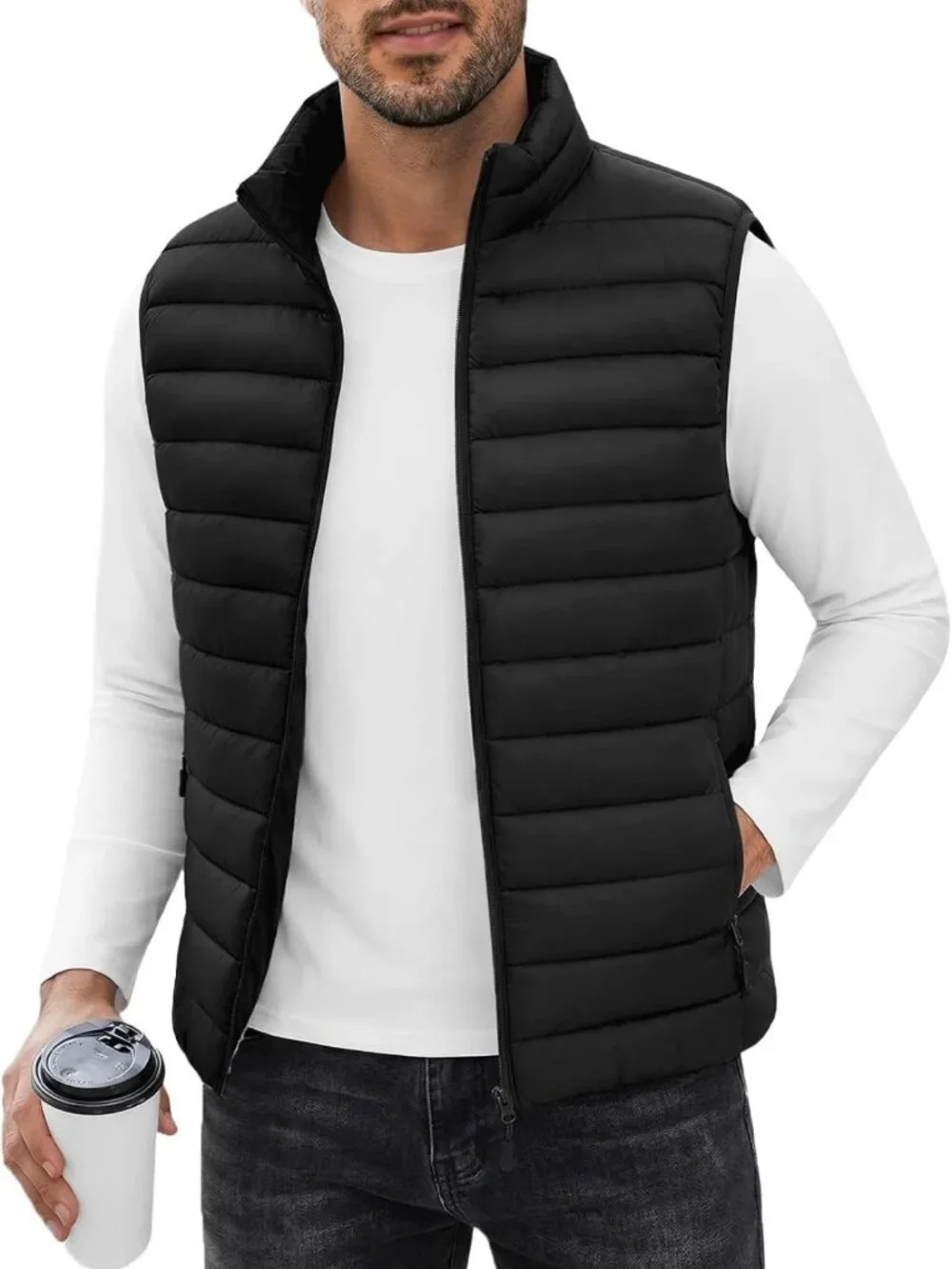 Men's Sleeveless Puffer Vest Jacket, Warm Outerwear with 4 Pockets, Stylish